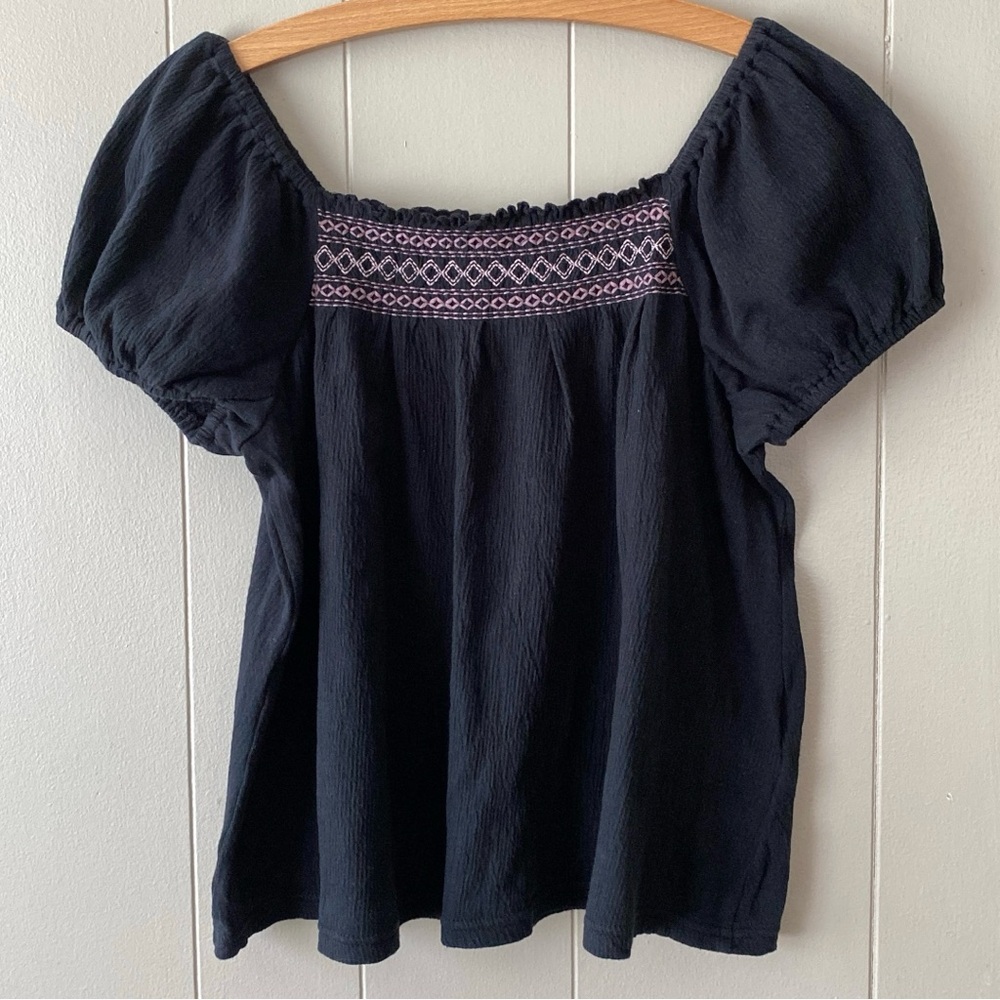 Madewell Black Puff Sleeve Smocked Embroidered Blouse Size XS